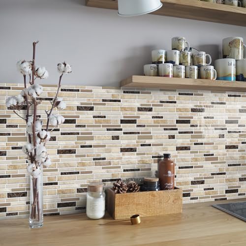 VICCI 12-Sheets Peel and Stick Tile Backsplash 12" x 12" 3D Vinyl Self-Adhesive Wall Stickers Tiles Decals for Kitchen Backsplash Bathroom Laundry Room (Beige & Yellow & Brown) Textured Style - color: Spt-004, size: 12 x 12 inch (3D Textured style)