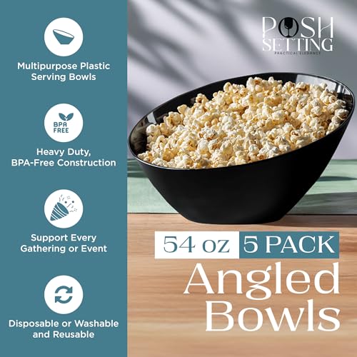 Posh Setting Black Plastic Serving Bowls Disposable - Angled Bowls - Angled Candy Bowl - Plastic Snacks & Chip Bowls for Parties - Black, Gold & Clear, White Serving Dishes, 54 OZ, 5 Pack - color: Black, size: Large 54 OZ