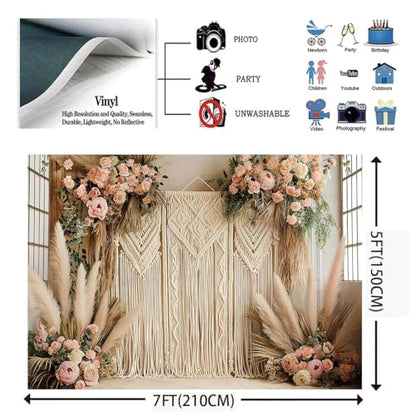 Bohemian Pampas Grass Art Photography Backdrops Retro Boho Flowers Window Photography Background Bohemian Room Backdrops Adult Birthday Wedding Maternity Portrait Decor Backdrop (7x5feet) - size: 7x5feet