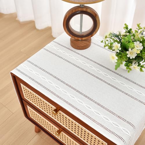 NEWISHER Rustic Farmhouse Embroidered Small Rectangle Tablecloth, Jacquard Striped Table Cloth Washable Fabric Dining Table Cover for Nightstand, Bedside Table, End Table (15x35 Inch) - color: Off White, size: 35" x 15" (Rectangular)