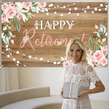 Mocsicka Rustic Retirement Backdrop Banner Women Happy Retirement Party Decorations Pink Floral Retired Party Photo Booth Props (6x3.6ft) - size: 6x3.6ft