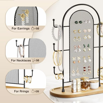 bussdis Jewelry Holder Organizer Earring Display - Stands Earring Storage Earring tree Hanger Jewelry Towers Rack with 6 Hooks 300 Stud Holes Wood Tray for Necklaces Bracelets Rings - color: Black