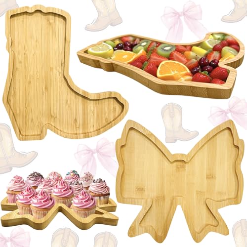 2 PCS Wooden Boots or Bows Gender Reveal Decorations Boot Bowtie Charcuterie Boards Bow Party Trays for Food Fillable Serving Platter Cowboy Cowgirl Tableware Set for Western Baby Shower Party Supply - color: Wooden Boot & Bow