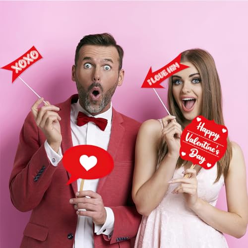 30Pcs Valentine's Day Photo Booth Props Happy Lovers Selfie Props Funny Red Heart Lip Glasses Beard Hat Wine Glass Photobooth Props for Photography for Wedding Party Photoshoot Decorations