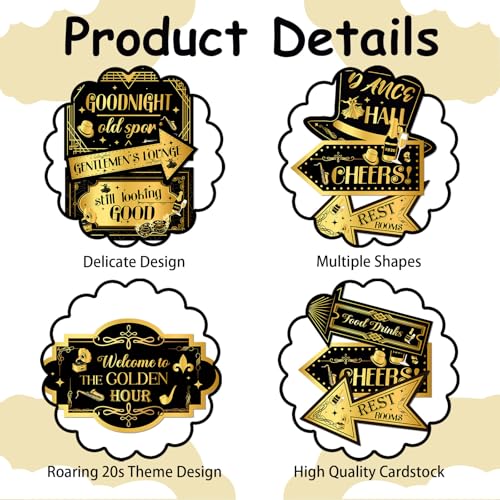 20PCS Roaring 20s Party Decorations Signs Black Gold 1920s Party Photo Booth Props Retro Jazz Party Yard Outdoor Wall Road Directional Sign for Roaring 20s Decors Speakeasy Party Supplies Favors - style: Roaring 20s