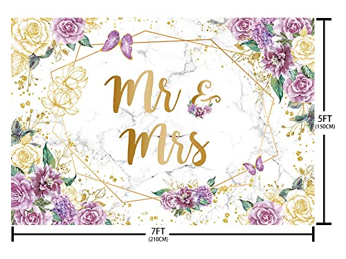 AIBIIN 7x5ft Mr and Mrs Floral Marble Backdrop for Bridal Shower Purple Flowers Butterfly Photography Background Gold Geometric Couple Wedding Party Decorations Bride to Be Engagement Banner Props