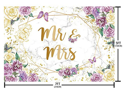 AIBIIN 7x5ft Mr and Mrs Floral Marble Backdrop for Bridal Shower Purple Flowers Butterfly Photography Background Gold Geometric Couple Wedding Party Decorations Bride to Be Engagement Banner Props