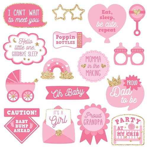 Fully Assembled Baby Shower Photo Booth Props - Set of 30 - Girl Baby Shower Selfie Signs - Pink Party Supplies & Decorations - with Real Gold Glitter - Did We Mention No DIY