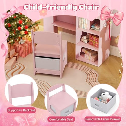 Costzon Kids Vanity with Lights, Girls Vanity Set with Mirror, Storage Drawer, Hooks & Shelves, Toddler Makeup Vanity Desk Dressing Table, Wooden Kids Vanity Table and Chair Set (Pink) - style: Pink with Open Shelves