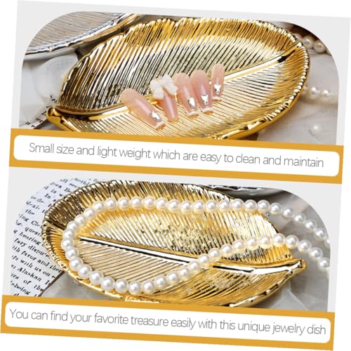 Ceramic Jewelry Organizer Tray Gold Leaf Design Nail Art Display Plate Jewelry Storage Holder Decorative Desktop Photo Prop for Vanity and Dressing Table