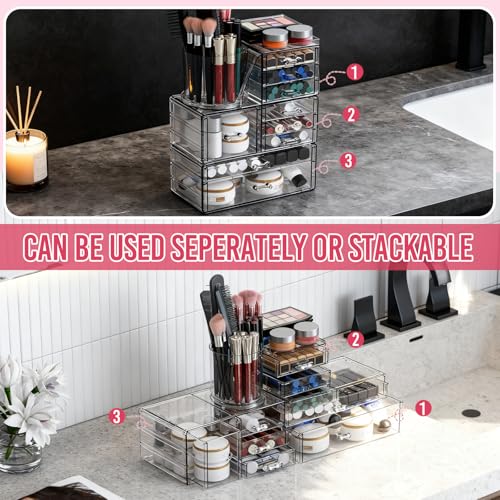 ShineMe Clear Makeup Organizer with 9 Drawers, 3 Tier Stackable Makeup Storage Organizer with Rotating Brush Holder, Acrylic Countertop Makeup Organizer for Vanity Skincare Jewelry Hair Accessories