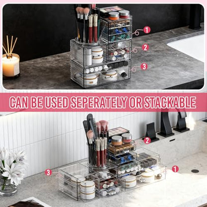 ShineMe Clear Makeup Organizer with 9 Drawers, 3 Tier Stackable Makeup Storage Organizer with Rotating Brush Holder, Acrylic Countertop Makeup Organizer for Vanity Skincare Jewelry Hair Accessories