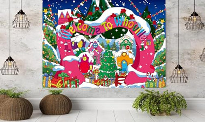Welcome to Whoville Backdrop Winter Christmas Village Photography Background for Kids First Birthday Baby Shower Happy New Year Xmas Holiday Party Decoration Supplies Photo Props (6x4FT) - size: 6x4FT