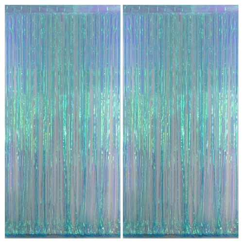Melsan Iridescent Blue Fringe Backdrop Party Streamer Decorations - 3.2 x 6.5 ft Tinsel Backdrop Foil Curtains for Gender Reveal Under The Sea Ocean Theme Birthdays Parties - 2 Packs - color: Iridescent Blue, size: 3.2 x 6.56 ft