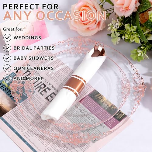 50Guests Pre Rolled Rose Gold Plastic Silverware Sets - Heavy Duty Rose Gold Cutlery - Include 50 Pack Wrapped Disposable Utensils with Napkins for Parties, Dinners & Weddings & Mother's Day - color: 50Pack - Rose Gold
