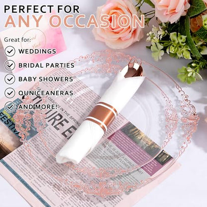 50Guests Pre Rolled Rose Gold Plastic Silverware Sets - Heavy Duty Rose Gold Cutlery - Include 50 Pack Wrapped Disposable Utensils with Napkins for Parties, Dinners & Weddings & Mother's Day - color: 50Pack - Rose Gold