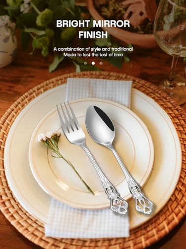 Stapava 40 Pcs Gorgeous Retro Royal Silverware Set, Stainless Steel Cutlery Flatware Set for 8, Include Forks Spoons and Knives set, Dishwasher Safe Utensils Set, Mirror Polished - style: Retro Royal Silver