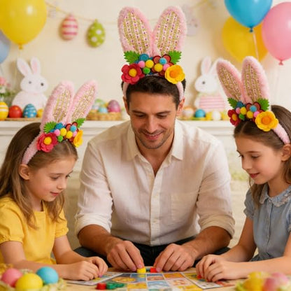 3 Pack Luxurious Easter Bunny Ears Headband Cute Plush Rabbit Ears for Kids Adult Cosplay Birthday Party Supplies - color: 3pcs Headband With Flowers-4