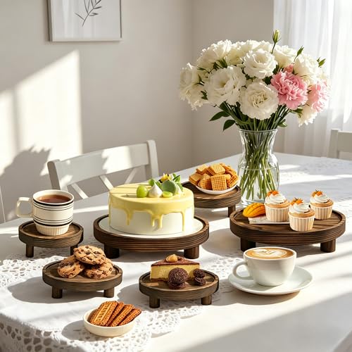 6 PCS 5/6/8 Inch Wooden Risers for Display Wood Pedestal Stand Round Mini Tray Stand Rustic Riser Tray Tiered Tray Decor for Party, Wedding, Birthday, Baby Shower,Home Décor