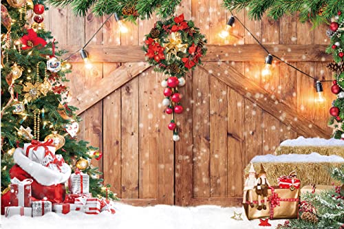 CHAIYA 8x6ft Christmas Backdrop Rustic Christmas Barn Wood Door Backdrop for Photography Xmas Tree Snow Wall Background Xmas Party Supplies Family Kids Party Banner Decorations Backdrops - size: 8′x6′