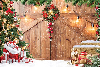 CHAIYA 15x10ft Christmas Backdrop Christmas Barn Door Photography Backdrop Xmas Tree Snow Wall Background Xmas Party Supplies Family Kids Party Banner Decorations Backdrops CY177 - size: 15′x10′