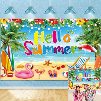 Hello Summer Backdrop Hawaiian Seaside Beach Photography Background Pool Party Background Hawaiian Tropical Themed Party Decorations Banner (7x5FT（210x150cm）) - size: 7x5FT（210x150cm）