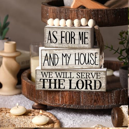 Yuntau 4 Pcs Farmhouse Bible Verse Decor Farmhouse Tiered Tray Decor Rustic Retro Wood Bead Garlands for Me and My House We Will Serve the Lord Block Christian Jesus Sign for Home Shelf Mantel - style: Bible Verse
