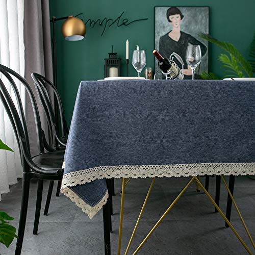 EHouseHome Faux Linen Tablecloth with Lace Trim - Waterproof/Spill Proof/Stain Resistant/Wrinkle Free/Oil Proof - for Banquet, Parties,Dinner,Kitchen,Wedding,Holiday,Denim Blue Rectangle 60x84Inch - color: Denim Blue, size: 84" x 60" (Rectangular)