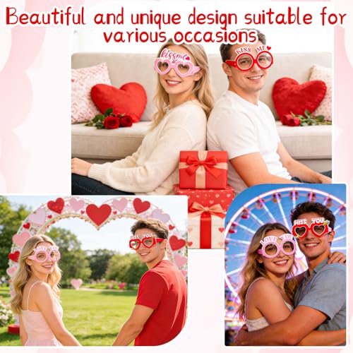 Valentine's Day Paper Glasses Eyewear - 6Pcs Pink Red Heart I Love You Eyeglasses Photo Props, Romantic Party Favors Eyewear for Couples, Galentine's & Date Night - color: Pink Red