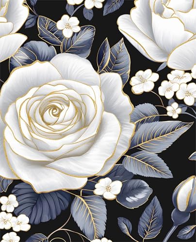 Floral Wallpaper Peel and Stick Rose Flowers Contact Paper 17.5" x 118", Modern Wall Paper Self Adhesive Removable Waterproof for Room Walls Shelves Cabinet Drawer Table Decor(White, Gold, Navy) - color: Navy/White/Gold, size: 17.5" x 118"