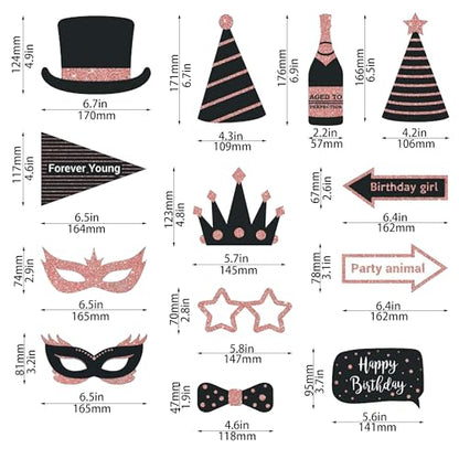 Party Birthday Photo Booth Props, 30Pcs Set of Happy Birthday Selfie Party Supplies with Real Glitter Cute Bday Designs for Women or Girls,Easy to Assemble(Rose Gold) - style: Party Birthday Props