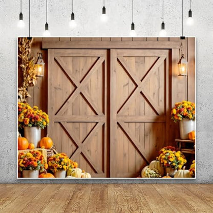 Fall Backdrop 10x8ft Thanksgiving Autumn Harvest Photography Backdrop Pumpkin Maple Leaves Barn Door Background for Friendsgiving Studio Party Banner Photo Booth Props