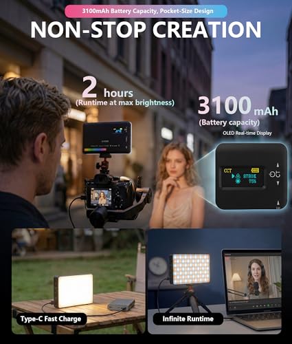 Portable RGB LED Video Light, 140LEDs Camera Light with CRI95+, 2500K-9000K CCT, 0-100% Dimmable Brightness, Adjustable Saturation, 3100mAh Rechargeable for Vlogging, Photography, Video Conference - color: RGB with HSI