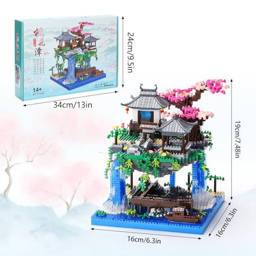 CAXIMSY Cherry Blossom Bonsai Tree Building Block Sets with Acrylic Display Box Chinese Architecture of Peach Blossom Micro Mini Building Set Toy Gift for Kids Adults（3320 Pieces） - style: Peach blossom pool with Acrylic Box