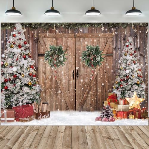 12x8FT Polyester Fabric Winter Christmas Rustic Barn Wood Door Photography Backdrop Xmas Tree Snow Background Banner for Family Holiday Party Decoration Supplies Photo Studio Props Pictures - size: 12'x8'