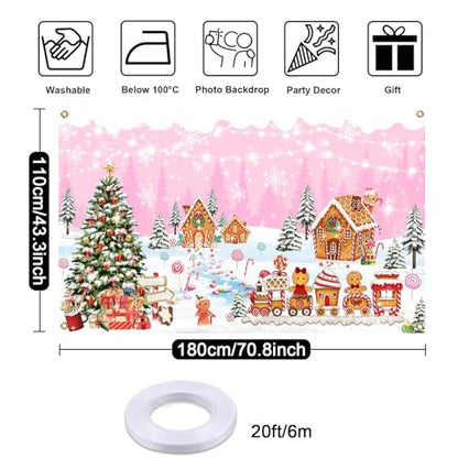 Mocsicka Christmas Gingerbread House Backdrop Banner Pink Merry Christmas Candyland Backdrop Winter Xmas Baby Shower Birthday Family Holiday Party Decortaions Photo Booth Props - color: Pink