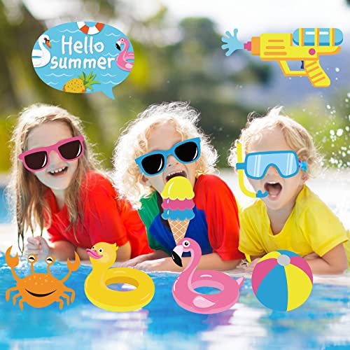 25Pcs Pool Photo Booth Props with Stick, Beach Summer Pool Party Decorations, Hawaiian Party Decorations Funny Selfie Photo Booth Props for Summer Hawaii Party Birthday