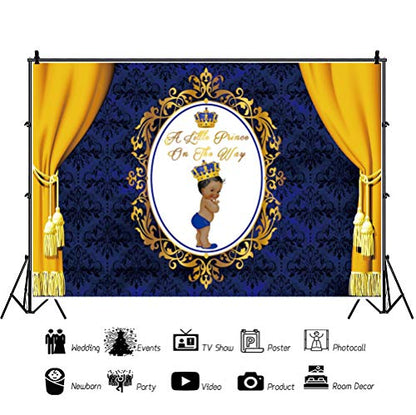 Leyiyi 12x8ft A Little Prince on The Way Backdrop Royal Prince Crown Cute Baby Gold Dark Blue Photography Background Lace Curtain Texture Decor Banner Newborn Boy Baby Shower Dessert Table Decor - size: 12x8ft