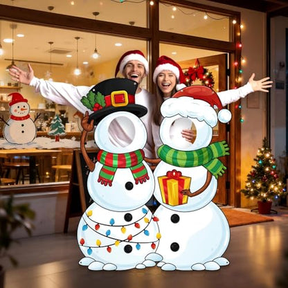WovWeave Snowman Christmas Photo Booth Fabric Banner with Two Face Cutouts, 55" x 44" Holiday Party Decorations, Winter Backdrop, Festive Snowman Props for Christmas Party Supplies - style: Snowman