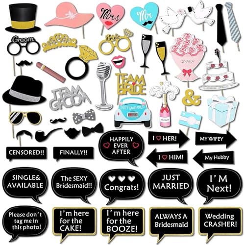 52 PCS Wedding Photo Booth Props Kit, Fun Bridal Shower Photo Booth Props, DIY Photoshoot Weeding Party Selfie Accessories, Silly Group Picture Favors for Wedding Reception or Anniversary - color: 52pcs Photo Booth Props Kit