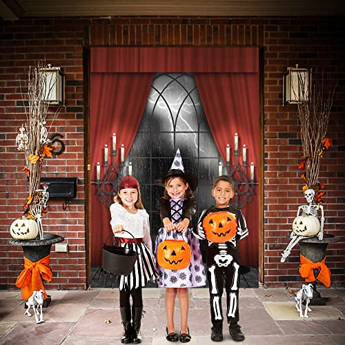 Renaiss 6x9ft Vintage Gothic Window Backdrop Red Curtain Candlestick Black Floor Lightning Stormy Sky Vampire Medieval Castle Photography Background Halloween Dress Up Party Decors Photo Booth Props - size: 6x9ft
