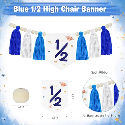 1/2 Birthday Half Trip Around the Sun Half Birthday Decorations - Banner Glitter Cake Topper Tassel Wood Bead High Chair Banner & Crown, Hat Halfway to One Baby Boy Girl Party Supplies - color: Planet Blue