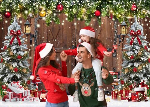10X8FT Winter Christmas Rustic Barn Wood Door Photography Backdrop Xmas Tree Snow Background Banner for Family Holiday Party Decoration Supplies New Yeary Family Gathering Banner - size: 10x8ft