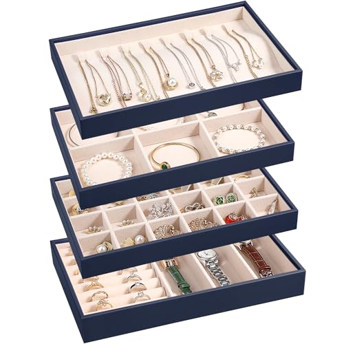 LANDICI Stackable Jewelry Organizer Trays 4 Set,PU Leather Jewelry Organizer Drawer,Jewelry Storage Display Tray for Earring Necklace Rings Bracelet with Removable Dividers,Dark Blue - color: Dark Blue