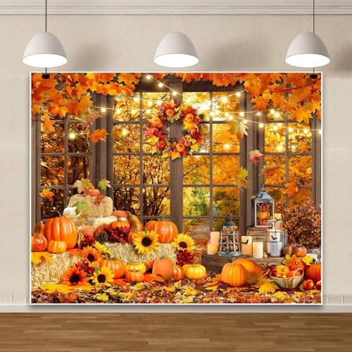 Fall Thanksgiving Backdrop for Photography 10x8ft Autumn Forest Window Pumpkin Haystack Sunflower Photo Backdrop Maple Leaves Path Friendsgiving Party Decor Baby Shower Kids Adult Portrait Photo Props