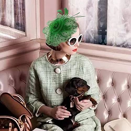Fascinators Hats with Gloves Set for Women 20s 50s Cocktail Tea Party Wedding Costume Headwear - color: B-blackish Green