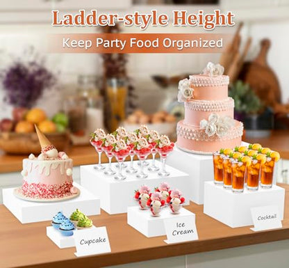 SUNEZLGO 8PCS Buffet Risers, Acrylic Large Food Risers with Mini Signs, Buffet Table Acrylic Cube Display Stands Box Risers for Party Catering Dessert Jewelry Nesting Risers with Hollow Bottom White - color: White