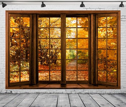 7x5 FT Fall Photo Backdrop Fall Window Backdrop Autumn Forest Natural Landscape Thanksgiving Day Photography Background Newborn Party Decoration Bannerwall Photo Booth Props
