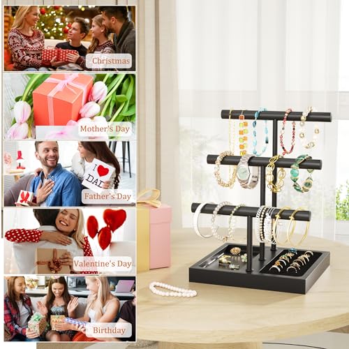 SZQINJI Bracelet Holder Display Organizer Stand, Necklace Holder Jewelry Holder Stand, Solid Wood Base with 3 Tier Metal T-bar for Bracelet Necklace Scrunchie Wristband Bangle Watch Ring, Black - size: 3 Tier