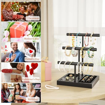 SZQINJI Bracelet Holder Display Organizer Stand, Necklace Holder Jewelry Holder Stand, Solid Wood Base with 3 Tier Metal T-bar for Bracelet Necklace Scrunchie Wristband Bangle Watch Ring, Black - size: 3 Tier